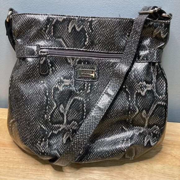 Nicole Miller, Snakeskin Print Gray Black Vegan Leather, Rosette Accents Womens - Picture 3 of 12